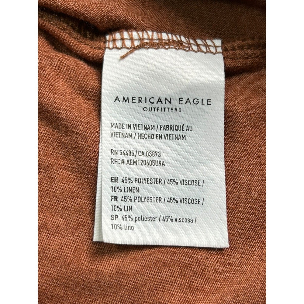 American Eagle Top Womens Size M Brown Waist Tie S/S Poly Linen Blend Stretch - Picture 5 of 8